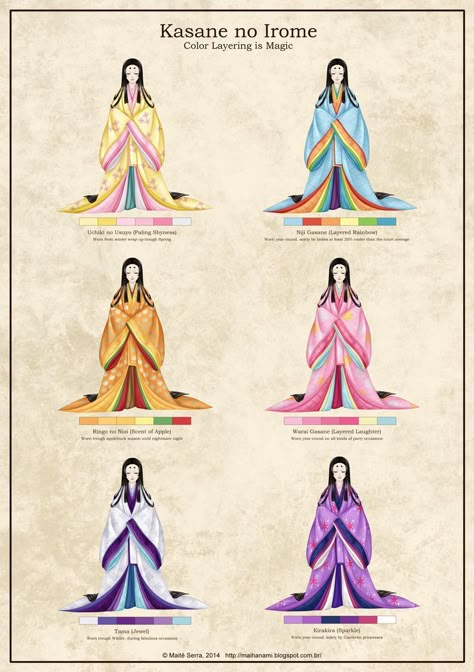 Different color combinations for wearing junihitoe. Japanese Heian Clothing, Heian Era Clothing, Heian Period Clothing, Fancy Kimono, Kimono Ideas, Japanese Traditional Clothing, Heian Era, Japanese Costume, Heian Period