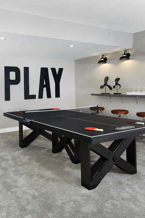 Basement Game Room With Custom Designed Black Ping Pong Table Room Ideas Cool, Ping Pong Room, Table Tennis Room, Basement Game Room Ideas, Teen Game Rooms, Basement Game Room, Game Room Ideas, Garage Game Rooms, Room Gaming