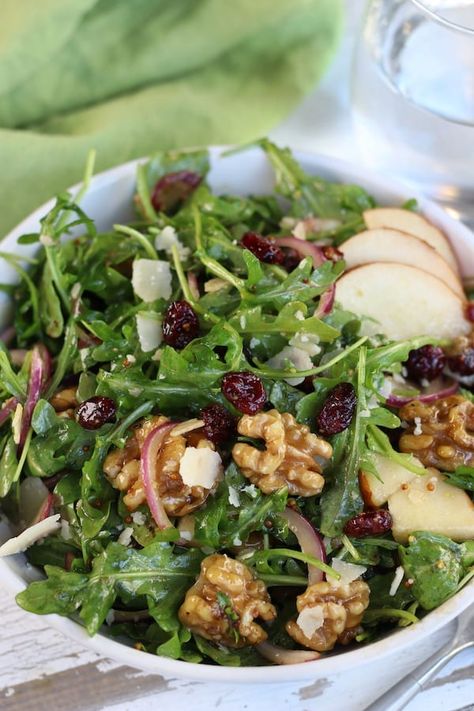 Savory and sweet, this Rocket Pear Salad is a simple and healthy recipe. Perfect as a side dish or light meal with arugula, pear, honey glazed walnuts, parmesan and a balsamic vinaigrette. So delicious and easy, this is sure to become a Fall favorite.  #RocketSaladRecipe #RocketSalad #ArugulaSalad #EasySalads #FallSalads https://www.thefedupfoodie.com/ Healthy Fall Recipes Dinner Clean Eating, Savory Pear Recipes, Arugula Pear Salad, Pear Arugula Salad, Easy Green Salad Recipes, Honey Glazed Walnuts, Healthy Fall Recipes Dinner, Pear Walnut Salad, Pear Honey