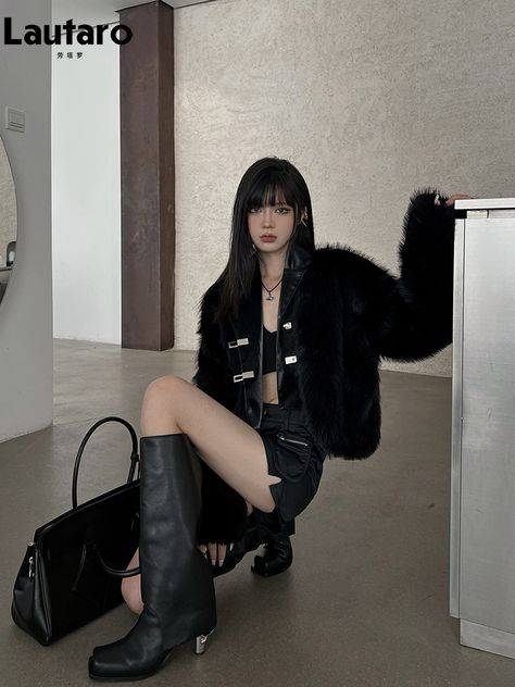 Black fur coat outfit