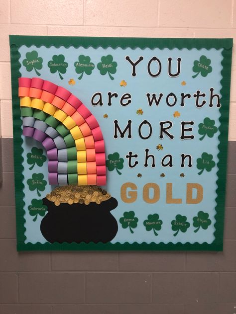 March Bulletin Board - St. Patrick’s Day March Bulletin Board, Holiday Bulletin Boards, Halloween Bulletin Boards, Teacher Bulletin Boards, March Crafts, Birthday Bulletin Boards, Birthday Bulletin, St Patricks Crafts, School Door Decorations