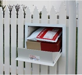 Mail Box With Package Holder, Fence Letterbox Ideas, Picket Fence Letter Boxes, Letterbox In Fence, Mailbox In Fence, Parcel Letter Boxes, Secure Mailbox Ideas, Fence Mailbox Ideas, Parcel Drop Box Diy