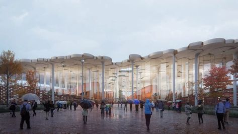 Snøhetta designs Beijing Sub-Center Library to resemble ginkgo-tree forest Building Columns, Norwegian Architecture, Beijing City, Shading Device, Future Library, Shigeru Ban, China Architecture, Facade Material, Forest Canopy