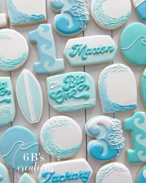 Surfing Birthday Cookies, Boho Surf Cookies, Wave Themed Birthday Party, Surfer Birthday Cookies, The Big One Cookies Decorated, Surf Birthday Cookies, Beach Theme Birthday Cookies, The Big One Birthday Party Decorations, Surf Theme Cookies