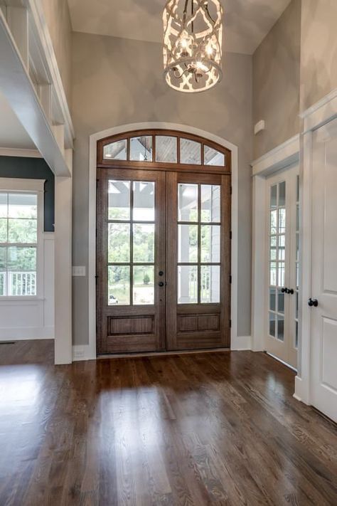 Beautiful double door entry. Double Front Entry Doors, Real Estat, Hallway Design, Style At Home, House Goals, Grey Walls, Double Doors, Home Fashion, Door Design