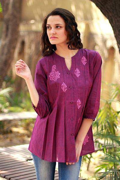 Magenta Blush Beaded Cotton Tunic Blouse Block Printed by Hand Traditional Tops, Simple Kurta, Tunics For Women, Short Kurtis, Simple Kurti, Western Top, Short Kurta, Short Kurti, Kurta Design