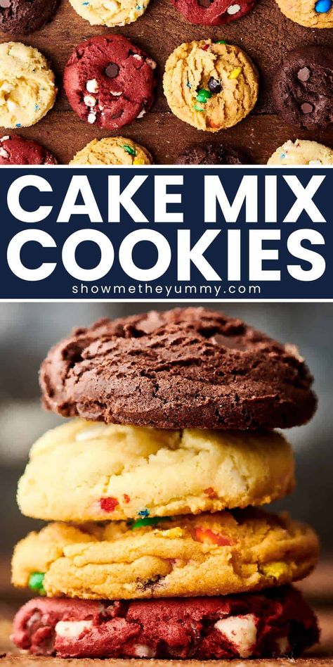 These Cake Mix Cookies can be made with any combination of cake mix, pudding mix, and mix-ins! These ultra fluffy cookies are quick, easy, and delicious. How To Make Box Cake Cookies, Chewy Cake Mix Cookies, Cookie Recipes Made With Cake Mixes, Vanilla Cake Mix Cookies Recipes, Cookie Recipe With Cake Mix Easy, Chocolate Cookies Made From Cake Mix Boxes, Cake Mix Butter Cookies, Cookie From Cake Mix Recipes, How To Turn Cake Mix Into Cookies