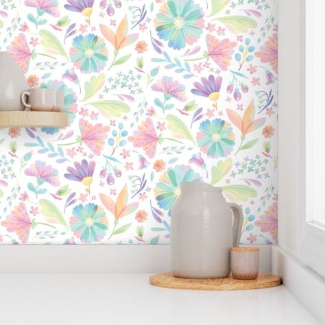 Girls Bedroom Wallpaper Accent Wall, Rainbow Flowers Wallpaper, Nursery Guest Room Combo, Bedroom Wallpaper Accent Wall, Room Murals, Girls Bedroom Wallpaper, Nursery Guest Room, Kids Room Murals, Bedroom Wallpaper