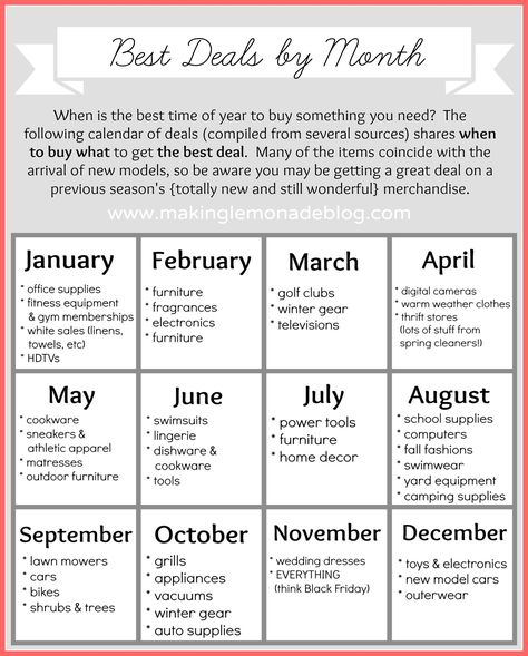 Free Printable: Best Deals by Month Calendar 1000 Lifehacks, 1000 Life Hacks, Budget Planer, Simple Life Hacks, Saving Ideas, Budgeting Money, Money Saver, Useful Life Hacks, Household Hacks