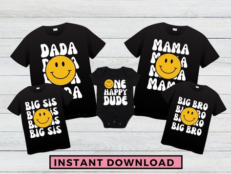 Smiley Face First Birthday, One Happy Dude, Matching Family T Shirts, Birthday Png, First Birthday Outfit, Big Sis, First Birthday Outfits, Boy Birthday Party, Boy Birthday Parties