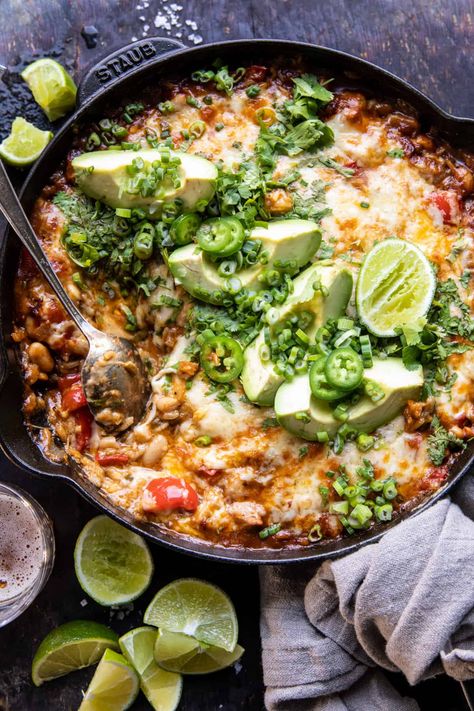 One Skillet White Chicken Chili Bake | halfbakedharvest.com Cheddar Cheese Dinner Recipes, One Skillet Healthy Dinners, Sweet Pepper Dinner Recipes, Single Pot Meals, Home Chef Recipes Dinners, Chili Alternative, Easy Meal With Chicken, White Chicken Chili Bake, Easy Gourmet Dinners