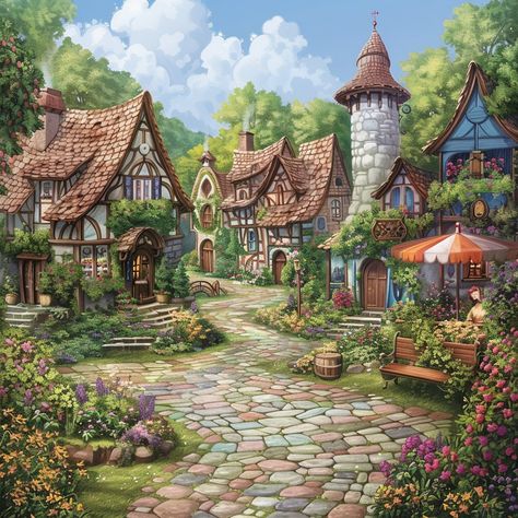 An illustration depicting the charming town with its colorful buildings, winding streets, and a bustling main square. Town Square Minecraft, Cottagecore Town, Eco Village Community, Cute Buildings, Tiny Glade, Cute Village, Village Aesthetic, Shifting Motivation, Village Buildings