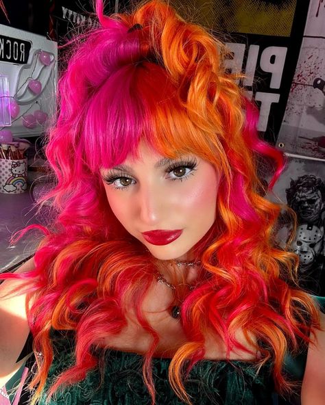 🩷🧡 Orange hair color by @lunartideshair used “Siam” & “Neon Tangerine” 🍊 . . #pinkhair #explore #orangehair #halfandhalfhair #explorepage | Instagram Halloween Dyed Hair, Dark Red And Orange Hair, Pink To Orange Hair, Orange Hair Outfit Ideas, Orange Peekaboo Hair, Neon Hair Color Ideas, Fire Orange Hair, Purple Orange Hair, Purple And Orange Hair