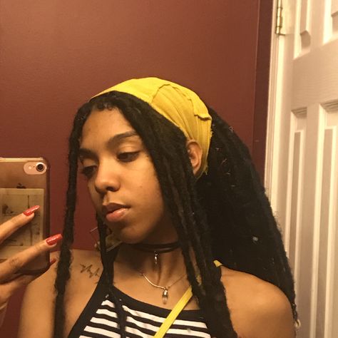 faux dreads with yellow head scarf Faux Locs With Scarf Head Wraps, Dreads Bandana, Faux Locs Styles, Faux Dreads, Long Dreads, Loc Inspiration, Loc Hairstyles, Dreadlock Style, Hair Scarf Styles