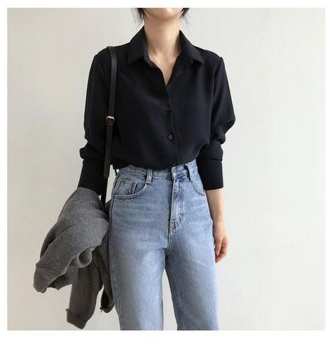 21fe5b8ba755eeaece7a450849876228desc46707160ri Loose Long Sleeve Shirt, Outfits Con Camisa, Black Chiffon Blouse, Straight Clothes, Casual Shirt Women, Loose Long Sleeve, Y2k Aesthetic Outfits, Style Tops, Women Shirt