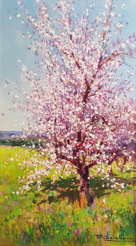 Blooming Tree Painting, Almond Orchard, Blossom Tree Painting, Mid Century Landscaping, Painting Of Trees, Pink Blossom Tree, Landscape Acrylic, Flowering Tree, Contemporary Landscape Painting