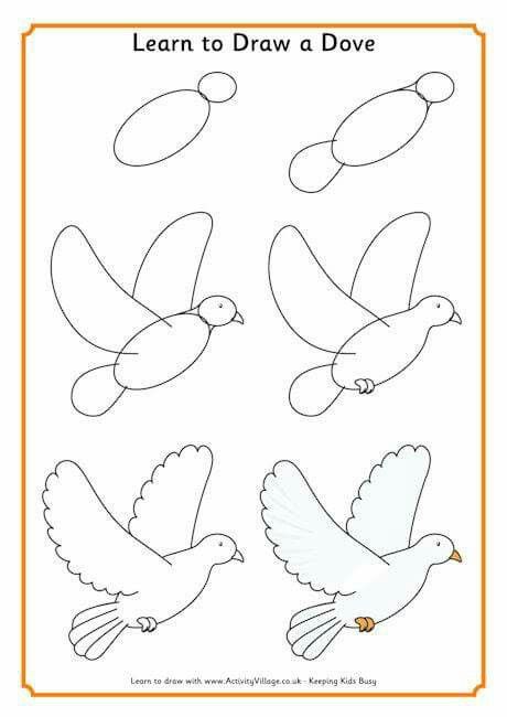 Draw a pigeon How To Draw A Dove Step By Step, How To Draw A Bird, Christmas Drawings For Kids, Simple Bird Drawing, Trin For Trin Tegning, Peace Drawing, Easy Butterfly Drawing, Draw A Bird, Draw Birds