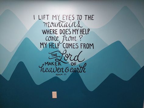 Mountain mural, mural art, painted calligraphy Sunday School Murals Children Church, Decorate Sunday School Room Ideas, Sunday School Wall Murals, Childrens Ministry Room Design, Nursery Church Ideas, Children’s Ministry Church Decor, Christian Wall Mural, Children’s Church Room Ideas, Biblical Murals