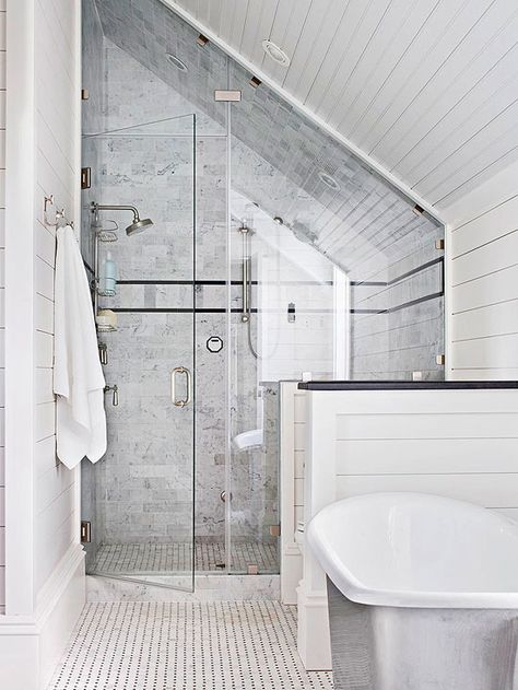 . Sloped Ceiling Bathroom, Attic Bathrooms, Attic Shower, Attic Bathroom Ideas, Small Attic Bathroom, Loft Bathroom, Bathroom Shower Design, Small Attic, Attic Bathroom