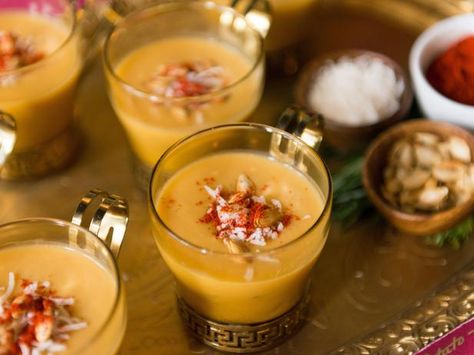 Serve this flavorful soup in glasses, and set up a soup shooters bar for holiday guests to add their own toppings. Soup Shooters, Pear Soup, Hgtv Design, Shooter Recipes, Florentines Recipe, Cup Of Soup, Toasted Pumpkin Seeds, Squash Soup, Hot Soup