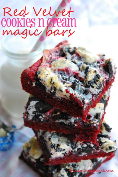 Red Velvet Cookies 'n Cream Magic Bars Magic Bars Recipe, Cookies N Cream, Velvet Cookies, Magic Bars, Red Velvet Cookies, Dessert Aux Fruits, Cookies N Cream Cookies, How Sweet Eats, Eat Dessert