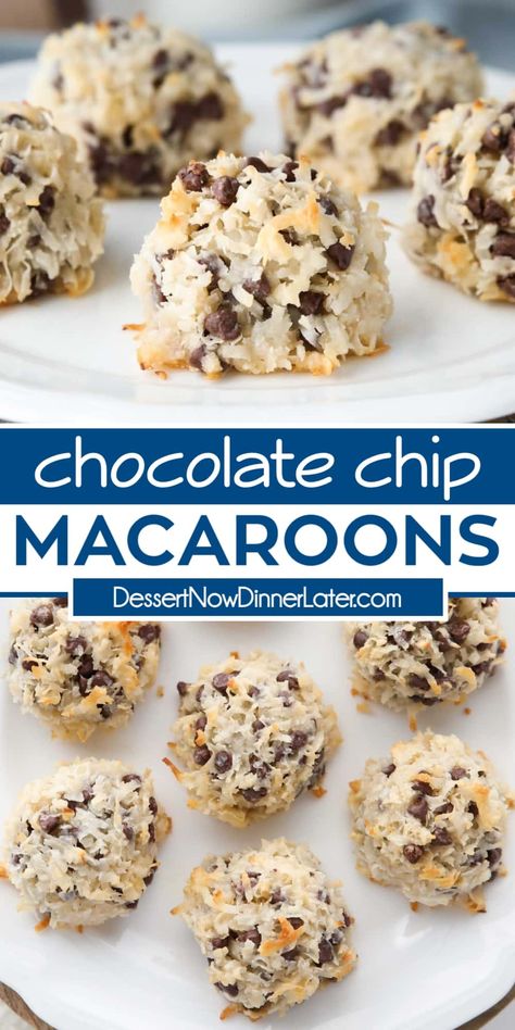 Chocolate Chip Macaroons elevates plain coconut macaroons with the addition of chocolate chips. Made easy with shredded coconut, sweetened condensed milk, flour, vanilla and salt. (No egg whites.) Shredded Coconut Recipes, Chocolate Chip Macaroons, Coconut Sweetened Condensed Milk, Coconut Cookies Recipes, Coconut Chocolate Chip Cookies, Macaroon Recipes, Coconut Macaroons, Best Comfort Food, Magic Recipe