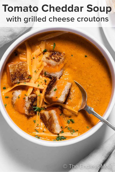 Tomato Cheddar Soup - The Endless Meal® Tomato Cheddar Soup, Grilled Cheese Soup, Tomato Soup From Scratch, Soup With Grilled Cheese, Pumpkin Soup Easy, Soup And Grilled Cheese, Tomato Lentil Soup, Cheddar Soup Recipe, Grilled Cheese Croutons