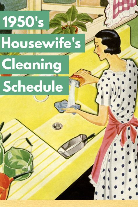 A vintage cartoon of a 1950s housewife doing the dishes 1950 Cleaning Schedule, Vintage Cleaning Schedule, 1950s Housewife Daily Routine, 1950s Housewife Schedule, 1950s Housewife Routine, Working Housewife, Housewife Schedule, 1950 Housewife, 1950s Lifestyle