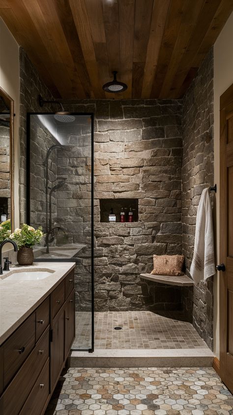 23 Half Wall Shower Ideas for Master Baths, Walk-Ins, and Small Bathrooms | Shower Design Inspiration Shower Only Bathroom Layout, Basement Master Suite Bathroom, Two Person Walk In Shower Master Bath, Walkout Shower Ideas, Rock Walk In Shower Ideas, Rock Shower Ideas Walk In, Shower Remodel Rustic, Master Bath Mountain Home, Small Stone Bathroom Ideas