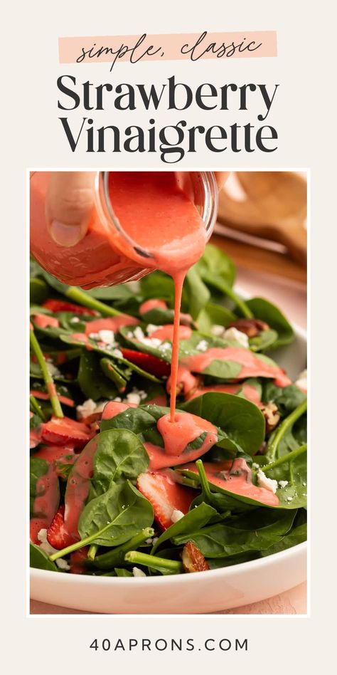 This sweet strawberry vinaigrette is the perfect salad dressing for spring and summer! Made with just 4 ingredients - including fresh or frozen strawberries - and ready in as little as 5 minutes, so it's great for last-minute lunches or sudden cravings. One bite of this beautiful dressing will make you forget all about the store-bought stuff! Strawberry Vinegarette, Cheap Gluten Free, Strawberry Salad Dressing, Salads Recipes Healthy, Balsamic Vinaigrette Salad, Strawberry Vinaigrette, Balsamic Vinaigrette Dressing, Easy Skillet Meals, Strawberry Balsamic