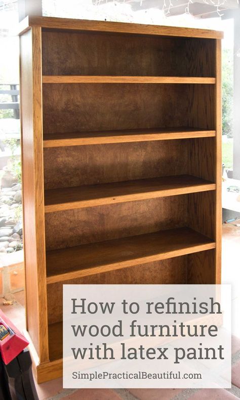 How to refinish a bookshelf or any wood furniture with latex paint | furniture makeover | refinishing | painting a bookcase Kids Furniture Makeover, Cheap Bookcase, Refinish Wood Furniture, Bookshelf Makeover, Painting Bookcase, Painted Bookshelves, Diy Kids Furniture, Diy Furniture Bedroom, Furniture Bookshelves