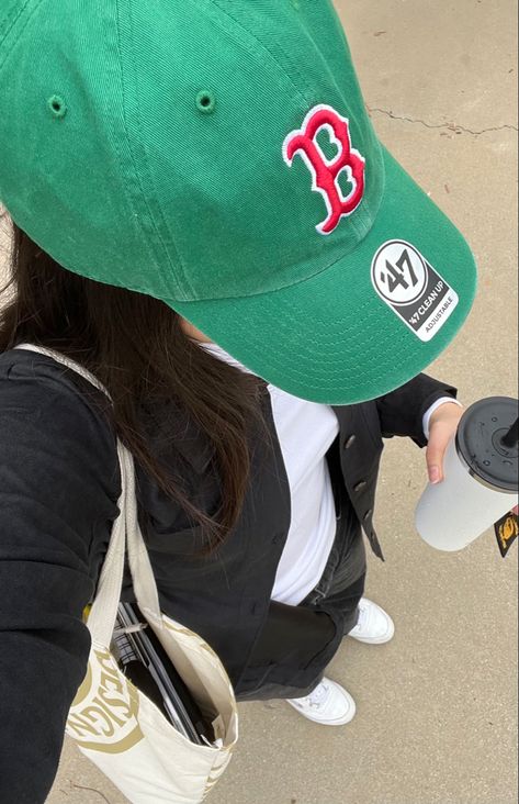 Comfy | cap | Boston | Red Socks | ‘47 | green | tumblr | hydroflask | tote bag | button up | @angielrochin | aesthetic | outfit | study | brandie melville Boston Hat Outfit, Red Sox Hat Outfit, Brandie Melville, Hoodie Ootd, Boston Fall, Red Sox Cap, Widget Smith, Boston Baseball, Red Sox Hat