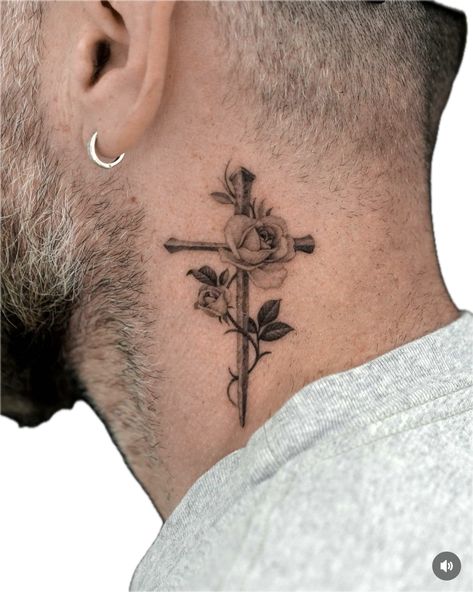 Men’s Tattoos Side Of Neck, Nice Neck Tattoos For Men, Big Neck Tattoo Men, Neck Side Tattoo Men, Christian Neck Tattoos For Men, Gf Name Tattoo Ideas For Men, Cross Tattoos For Men On Chest, Cross Behind The Ear Tattoo, Half Neck Tattoo