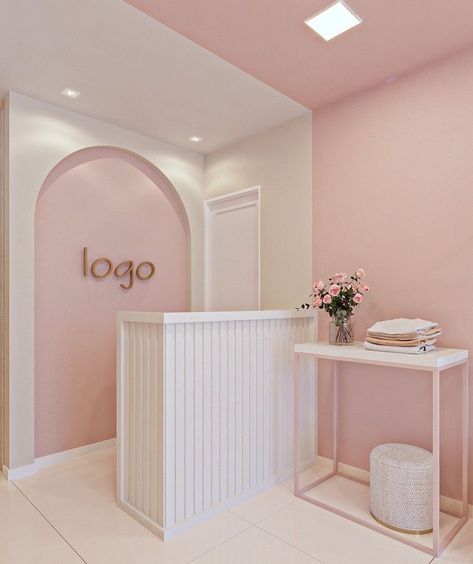 Pink And White Salon Decor, Brow Studio Decor Small Spaces, Salon Decorating Ideas Business, Salon Interior Design Pink, Salon Boutique Ideas, Pink And Gold Salon, Small Business Interior, Business Decor Ideas, Boutique Decor Ideas Retail Store Design