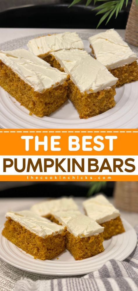 You'll love these pumpkin cream cheese bars! This simple fall recipe is foolproof and makes plenty for everyone. Moist, flavorful, and topped with cream cheese frosting, these easy pumpkin bars are the BEST. Save this one-bowl pumpkin recipe for dessert! Cream Cheese Frosting For Pumpkin Bars, Pumpkin Bars With Cream Cheese Frosting, Desserts With Pumpkin, Dessert Recipes Bars, Best Pumpkin Bars, Pumpkin Dessert Bars, Pumpkin Bars Recipe, Easy Pumpkin Bars, Halloween Tray