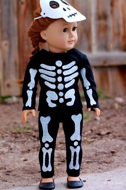 Halloween Skeleton Costume for American Girl or 18 Inch Doll | Many Small Friends Skeleton Costume Diy, American Girl Halloween, Halloween Skeleton Costume, Diy Skeleton, American Girl Diy, Costume Sewing, Skeleton Halloween Costume, Doll Halloween Costume, Girls Clothes Patterns