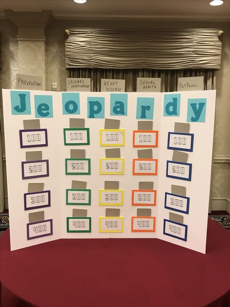 DIY Jeopardy board ~sb Jeopardy Poster Board, Jeopardy Game Board Diy, Jeopardy Board Diy, Diy Jeapordy Board, Diy Jeporady Board, Family Jepordy Game Diy, Diy Jepordy Board Game, Diy Jepordy, Jepordy Board Diy