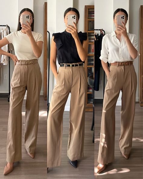 Beige Pant Work Outfits, High Waisted Cream Pants Outfit, Tan Dress Pants Women, Tan Tapered Pants Outfit, Casual Work Outfits Beige Pants, Beige Dressy Pants Outfit, Fall Outfits With Beige Pants, Agency Pants Outfit, Beige Trouser Pants Outfit