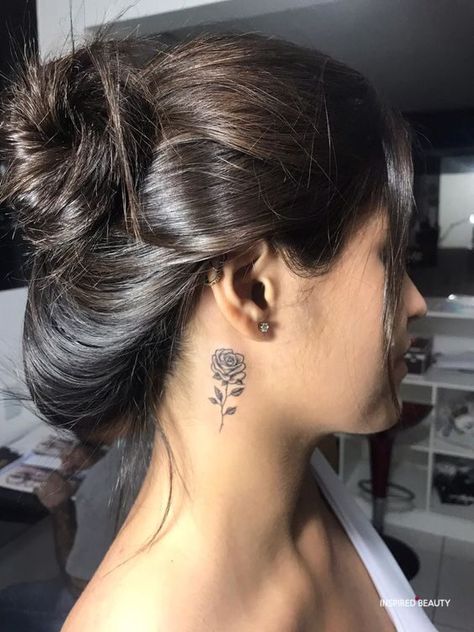 Neck Tattoo Women, Rose Tattoo Behind Ear, Neck Tattoos For Women, Rose Neck Tattoo, Small Neck Tattoos, Side Wrist Tattoos, Behind Ear Tattoos, Girl Neck Tattoos, Side Neck Tattoo