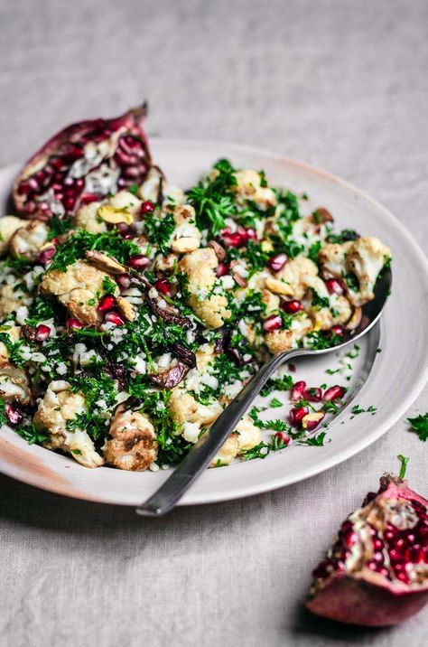 Ottolenghi Simple Recipes, Ottolenghi Cauliflower, Salads Winter, Cauliflower Pomegranate, Sustainable Meals, Raw Cauliflower Salad, Lemon Olive Oil Dressing, Pomegranate Pistachio, Otto Lenghi