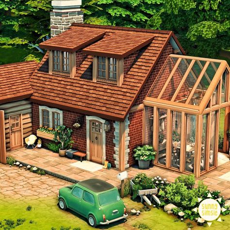 Small Cottage With Garage, Sims 4 Boho House Exterior, Sims Garden House, Sims House With Greenhouse, Small Sims Cottage, Sims Porch Ideas, Sims 4 Cottage Living Tiny House, Cottage Homes Sims 4, Sims 4 Modern Cottage House