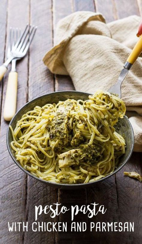 Skip the unhealthy additives with this Pesto Pasta with Chicken and Parmesan recipe—it’s made with just four simple, all-natural ingredients and one Select by Calphalon™ pan for minimal clean-up. Simply toss Barilla® linguine with pesto, Parmesan cheese, and succulent NatureRaised Farms® Grilled Chicken. This will easily become your new favorite weeknight dinner recipe! Linguine Pesto Recipes, Chicken Pesto Linguine Recipe, Pesto Linguine Pasta, Pesto Pasta With Chicken, Pesto Linguine, Bake Shrimp, Shrimp Linguine, Pasta With Chicken, Pasta Penne