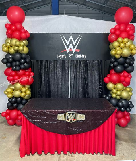 Wrestling Bday Party Ideas, Wresting Birthday Party, Wwe Balloon Arch, 40th Birthday Wrestling Theme, Wwe Trunk Or Treat Ideas, Wrestling Party Decorations, Wwe Birthday Decorations, Wrestling Trunk Or Treat, Wrestlemania Birthday Party