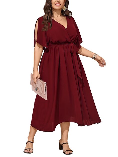 PRICES MAY VARY. MATERIAL: This Plus Size Maxi Dress Is Made Of 95% Polyester and 5% Spandex, Which Is Soft, Comfy And Light Weight, But Not See Through, Flowy, Comfortable To Wear In Summer FEATURE: Long Dress For Women Features Sexy Wrap V Neck, Short Sleeve, Relaxed Fit, Split Sleeve, High Waist, Wrap Dress, Solid Long Maxi Dress, Wrap Belt At The Waist STYLE: Summer Maxi Dress/ V Neck Maxi Dress/ Semi Formal Dress/ Ladies Maxi Dress/ High Waist Dress/ Flowy Maxi Dress/ Maxi Dress With Split Plus Size Wedding Guest Dresses Casual, Fupa Dress, Late Fall Wedding Guest Outfit, Plus Size Semi Formal Dress, Formal Dresses For Plus Size Women, Plus Size Cocktail Attire, Plus Size Winter Dress, Plus Size Formal Jumpsuit, Plus Size Fall Dresses