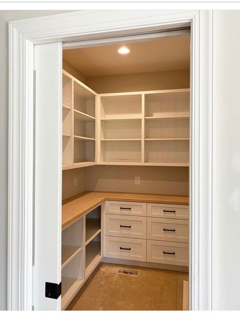 Walk In Pantry With Upper Cabinets, Pantry Design Small Walk In, Walk In Pantry With Drawers, Small Walk In Pantry With Cabinets, Walk In Pantry Coffee Station, L Shaped Pantry Cabinets, Square Walk In Pantry, Pantry Placement In Kitchen, Rectangle Pantry Ideas