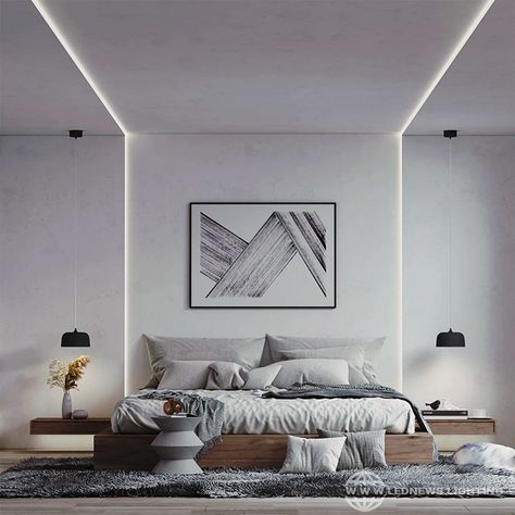 Profile Light Ceiling To Wall, Modern Single Bedroom Design, Led Profile Lighting Design Ceiling Living Room, Bedroom Cove Lighting, Bedroom Profile Light, Bedroom Lights Ideas Ceiling, Profile Led Light In Ceiling, Gypsum Ceiling Design Bedroom, Profile Lighting Ceilings