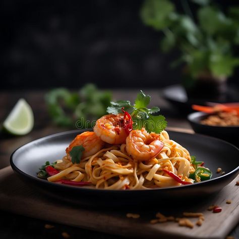 Pasta with seafood in a black plate on the background of greenery and dark background. King prawns, tomatoes, noodles stock photography Dark Food Photography Backgrounds, Food Photography Black Background, Arabian Garden, Pasta With Seafood, Background King, Seafood Photography, Black Pasta, Healthy Noodles, King Prawns