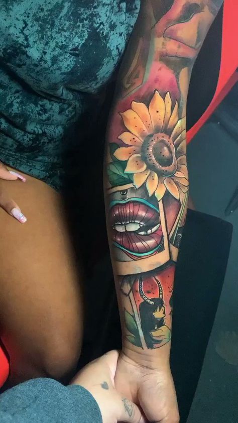 Meaningful Half Sleeve Tattoos, Sleeve Tattoos For Black Women, Baddie Tattoo Ideas Female Sleeve, Tattoos For Black Women, Baddie Tattoo Ideas Female, Baddie Tattoo Ideas, Tattoo Ideas Female Sleeve, Dark Skin Tattoo, Half Sleeve Tattoo Stencils