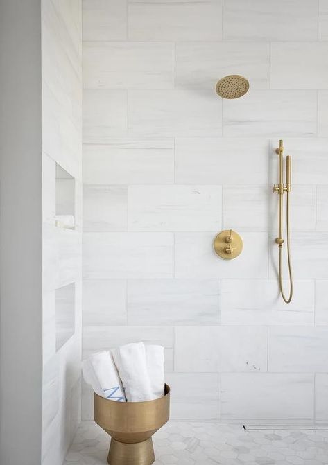 Chevron Marble Tile Bathroom, Master Shower Marble Tile, Large Scale Shower Wall Tile, White Marble Bathroom Gold Fixtures, 12x24 White Tile Shower Walls, All Marble Bathroom Ideas, Marble Floor And Wall Bathroom, Hexagonal Marble Tiles Bathroom, Cute Bathroom Tile Floors