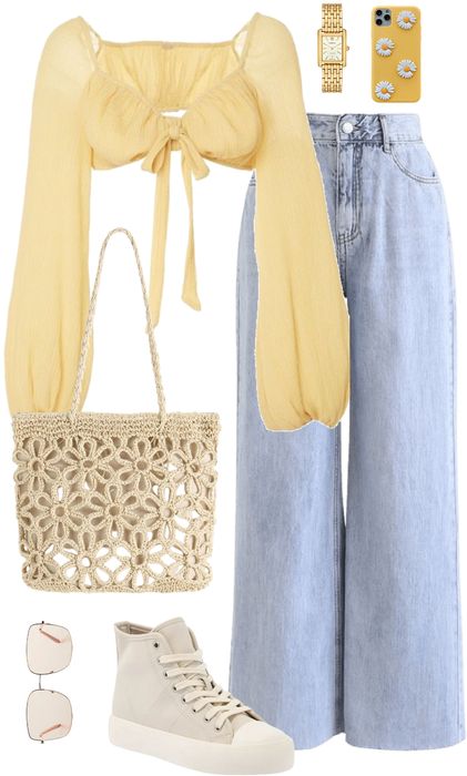 yellow blue Outfit | ShopLook Pale Yellow Jeans Outfit, Blue White Yellow Outfit, Pastel Blue And Yellow Outfit, Light Yellow Outfit Aesthetic, Light Coloured Outfits, Light Yellow Outfit Ideas, Light Blue And Yellow Outfit, Cute Yellow Outfits Aesthetic, Sunshine Outfit Aesthetic